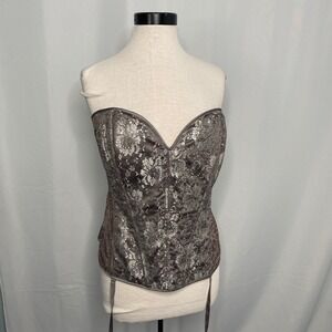 Intimate Attitudes Gray Floral Lace Sequin Corset Top Garter Straps‎ Sweetheart